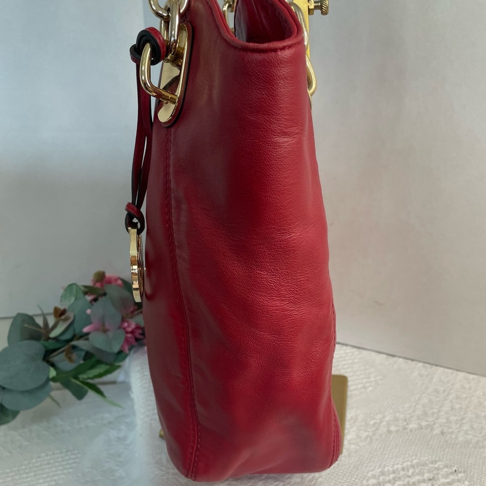 Michael Kors Red Leather Shoulder Hobo with Gold Double Chain Strap - Picture 10 of 15